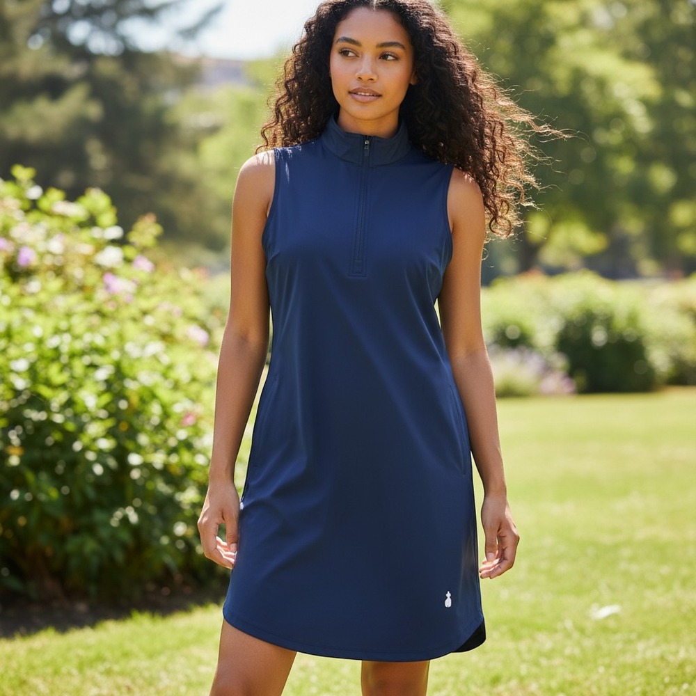 Tommy Bahama Golf Dress Women L Navy Blue Quarter Zip Sleeveless Performance New